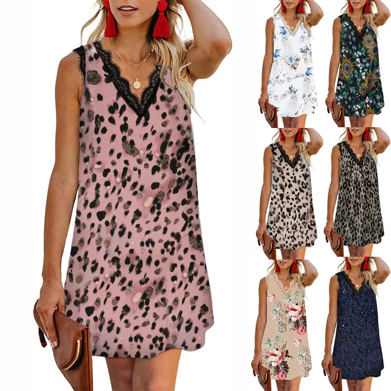 

2020 base T-shirt summer new V-neck eyelash lace sleeveless print top dress