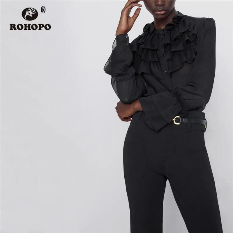 ROHOPO морщин Ткань каскадные оборки воротник черная блузка браслет на ухо с