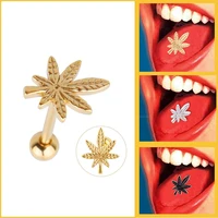 1pc leaf tongue barbell perforated tongue ring stainless steel stud perforation language ear piercing bar body jewelry 14g