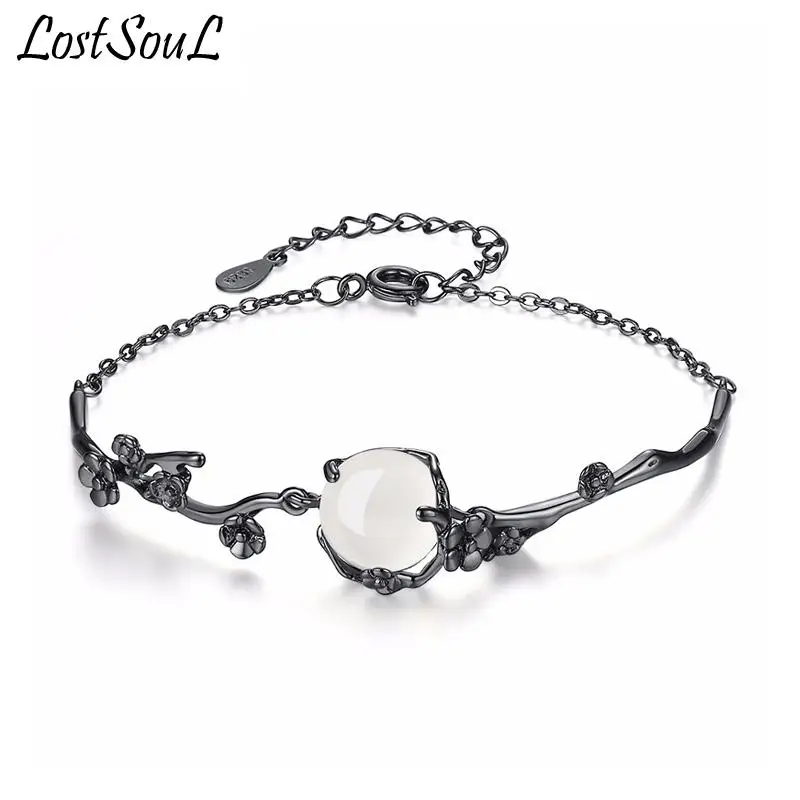 

925 Sterling Silver New Woman Jewelry Brand Creative Plum Bracelets Personalized Art Peach Black Bracelet Vintage Luxury 15+3 cm