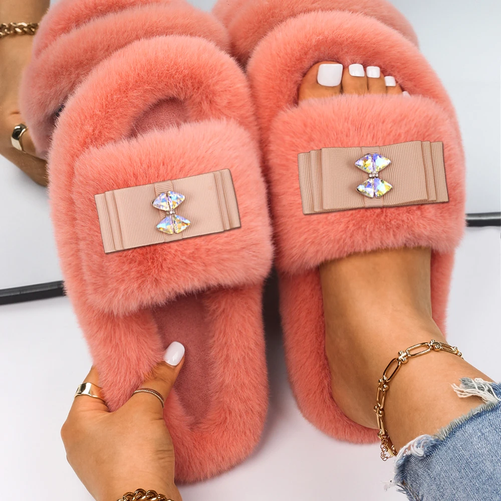 Women Sandals Fuzzy Slides Fashion Bow Decor Fluffy Slippers Luxury Brand High Quality Female Outdoor Casual Shoes Furry Slipper