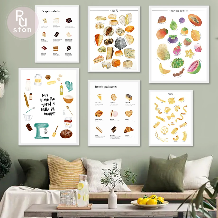 

Cheese Pasta Tropical Fruits Cakes Food Wall Art Canvas Painting Nordic Posters And Prints Wall Pictures For Kitchen Room Decor