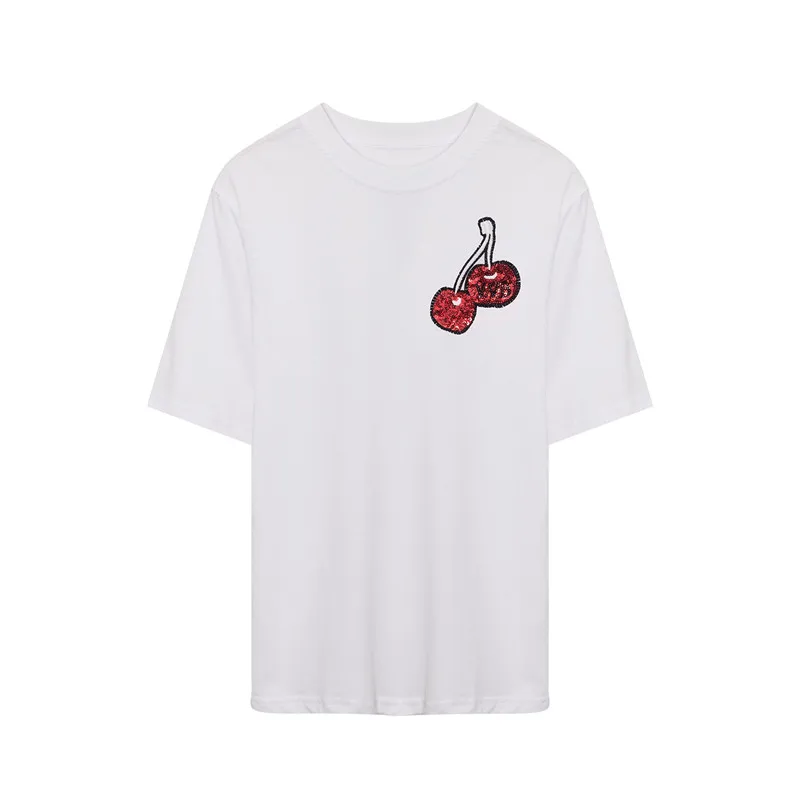 

New Women Summer White O-Neck Cotton Cherry Embroidery T-Shirt Ladies Fashion Plus Size Tees Female Brand Casual Tops ZM355