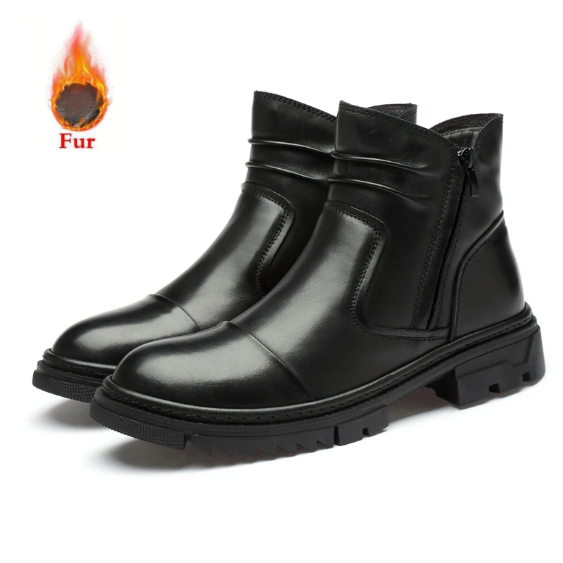 black-fur KATESEN/Новинка; мужские ботинки; Модные ботильоны из натуральной кожи; мужские кожаные ботинки из замши; Качественные теплые Нескользящие рабочие ботинки - Цвет: black-fur