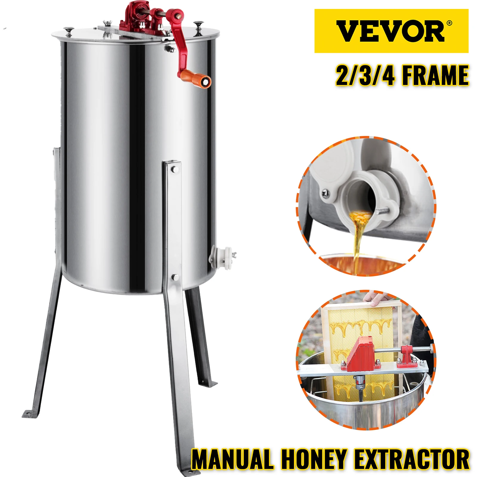VEVOR-Extractor Manual de miel, herramienta de equipo de apicultura, 2, 3 y 4 marcos, girador de panal de acero inoxidable, manivela, centrifugadora de miel de abeja-0