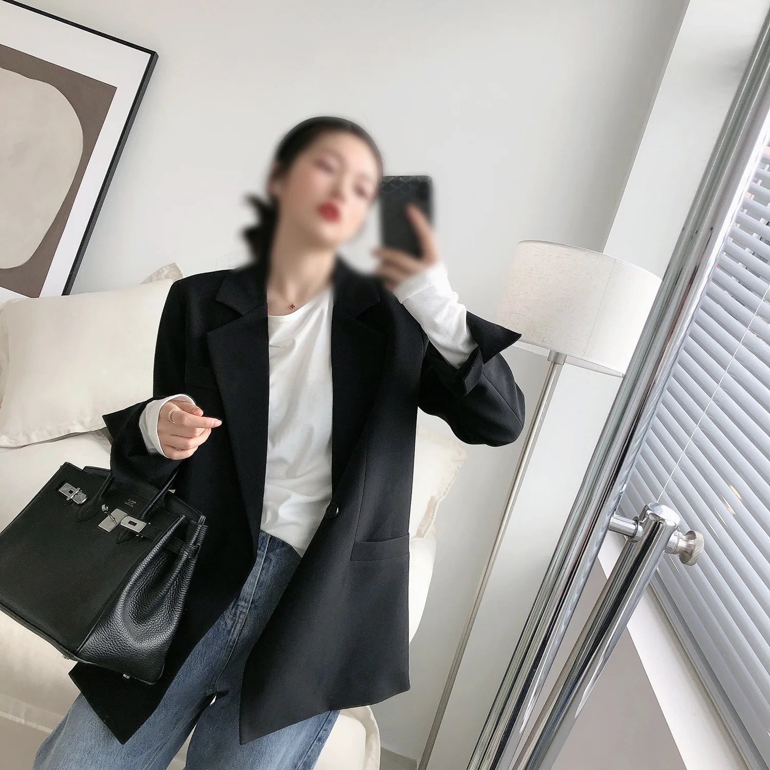 

Осенний однотонный элегантный синий Блейзер, Женская куртка, женский свободный кардиган в Корейском стиле с V-образным вырезом и длинным ру...