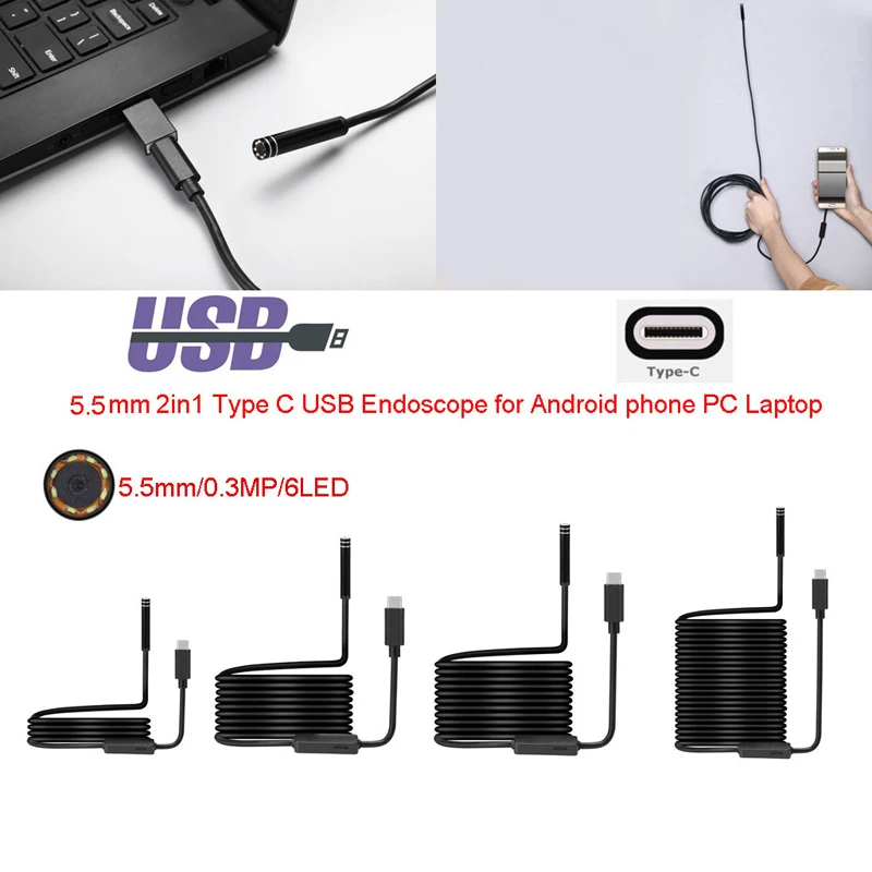 

Flexible 5.5mm USB Type C Endoscope Inspection Camera PC G2AC