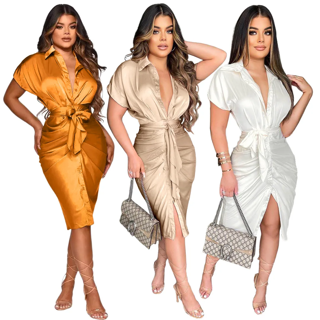 

RStylish Casual 2021 Summer Short Sleeve Reflection Silk Women Sexy Turn-Down Collar Button Pleated Nightclub Shirt Midi Dress