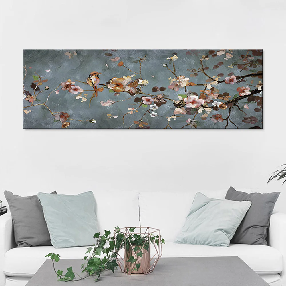 

Abstract Pink Flowers Birds Prints Painting Botanical Painting Floral Wall Art Canvas Painting Living Room Home Decor Unframed
