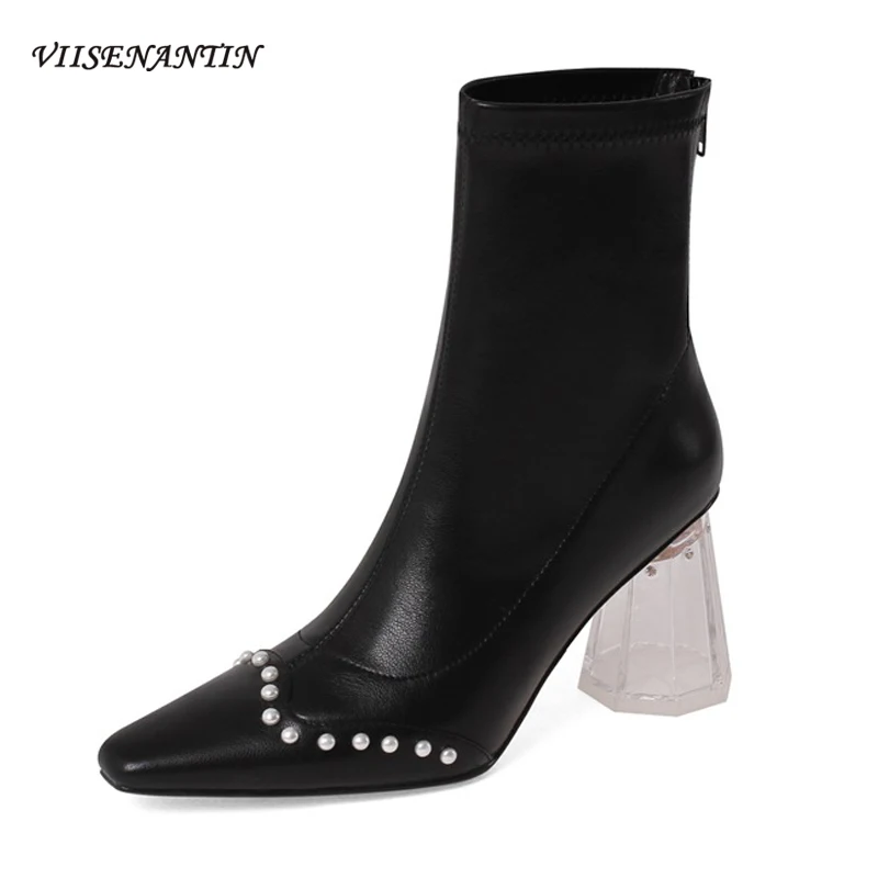 

Женские эластичные ботинки в стиле ретро, новые осенние однотонные ботинки во французском стиле, модные тонкие ботинки с маленьким квадрат...