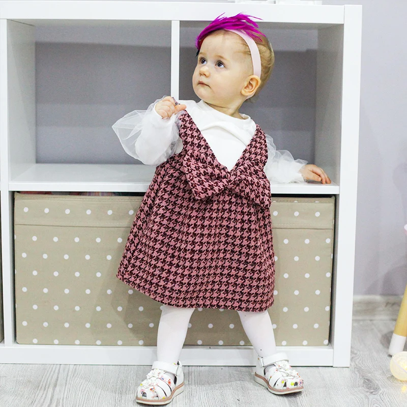 

Girls Western Style Plaid Dress Long Sleeve Strap Dress Spring Bowknot Kids Clothing Set T-shirt+Strap Skirt