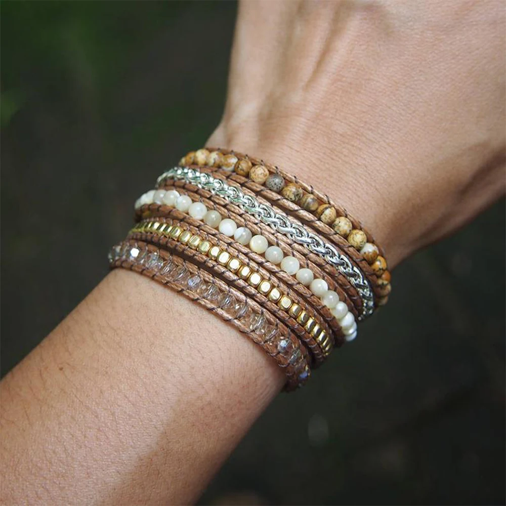 

Boho 5 Wraps Handmade Natural Picture J-asper Shell Beads Stainless Steel Chain Wrap Wrist Statement Unique Vintage Bracelet
