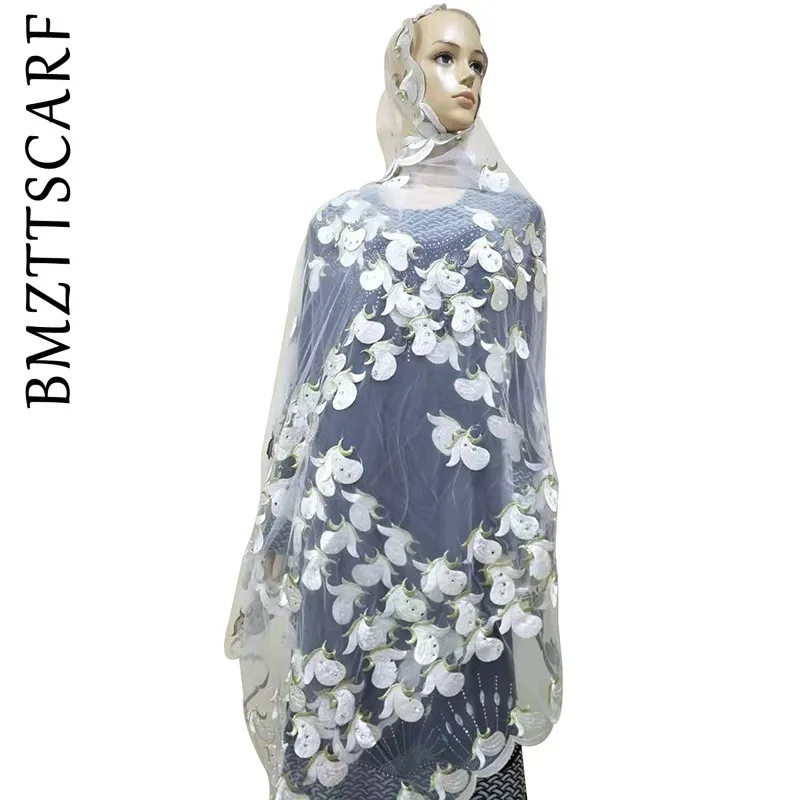 Color 10 African Women Scarf Good Quality Plain Embroidery with Stones Soft Net Scarf for Headscarf Wraps Pashmina BM805 - Цвет: Color 10