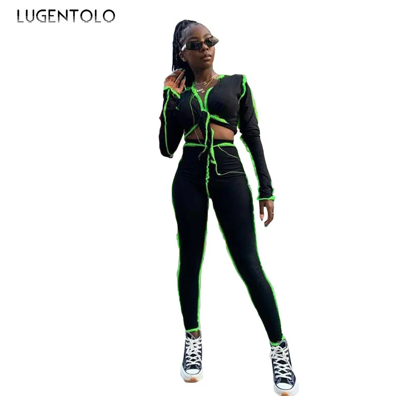 

Lugentolo Autumn Women Two Piece Set Top and Pants Contrasting Color Long-Sleeved Cardigan High Waist Slim Hip Pants Casual Sets