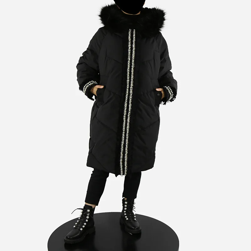 

Женское Стеганое пальто с капюшоном, зимнее Новое модное повседневное утепленное пальто средней длины с бахромой и бусинами
