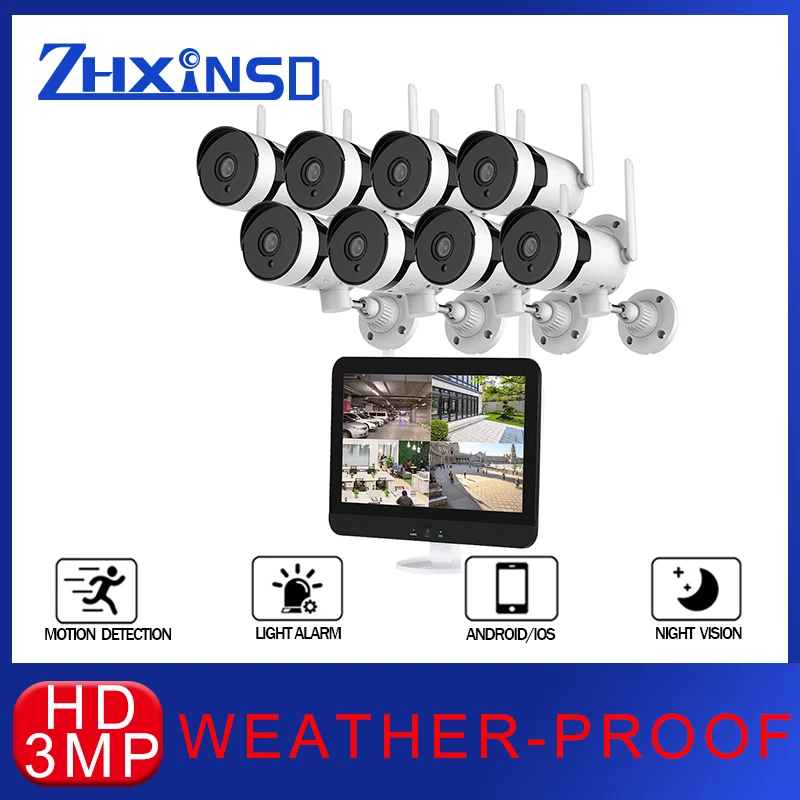 

ZHXINSD 3MP NVR наружная защита с экраном набор камер HD Беспроводная система видеонаблюдения Водонепроницаемая 8CH камера безопасности