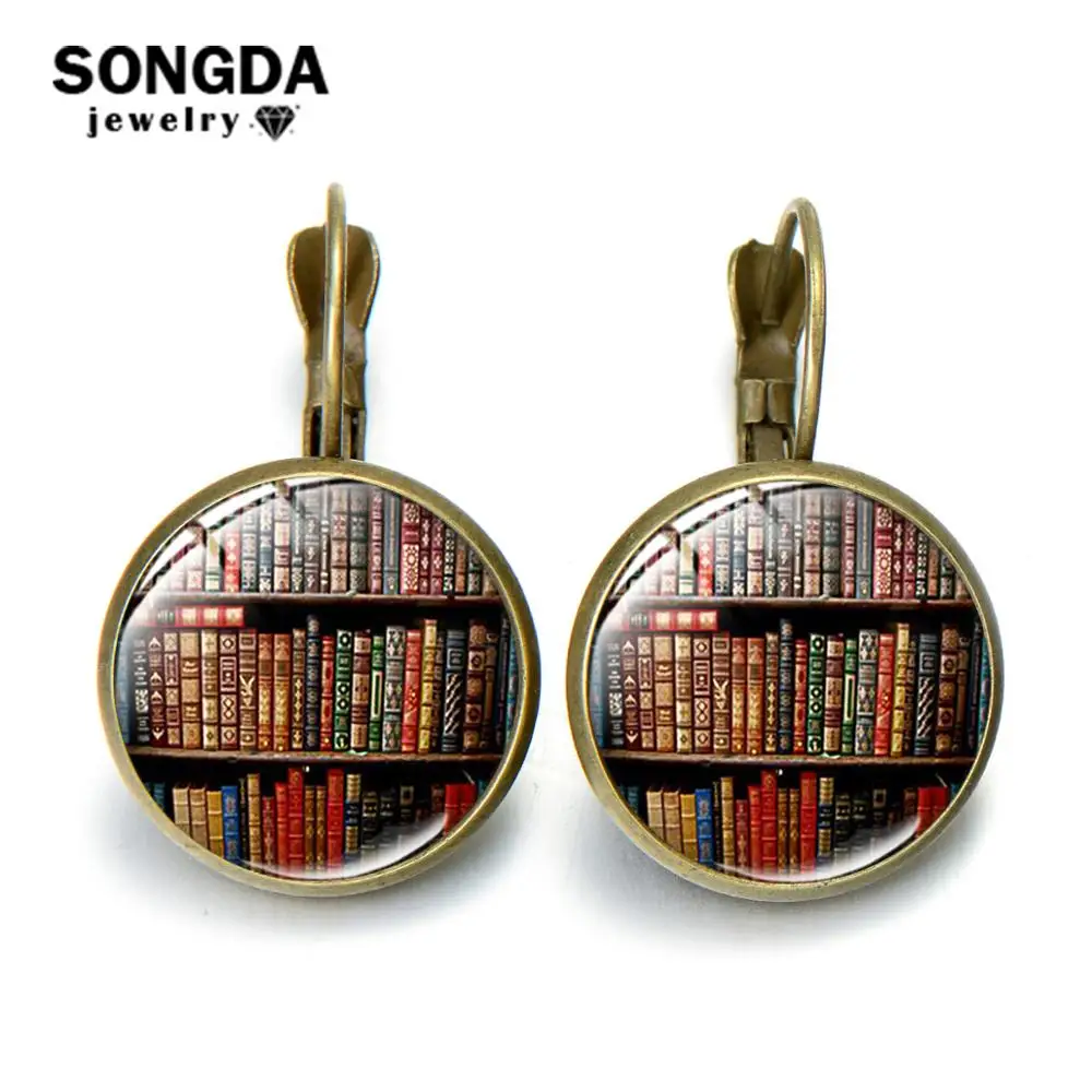 SONGDA Ретро Старый книги фото Стекло серьги капли с камнями библиотечные полки