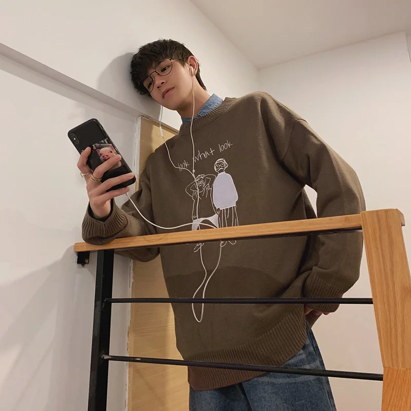 Мужской пуловер с круглым вырезом повседневный свободный свитер вышивкой серого