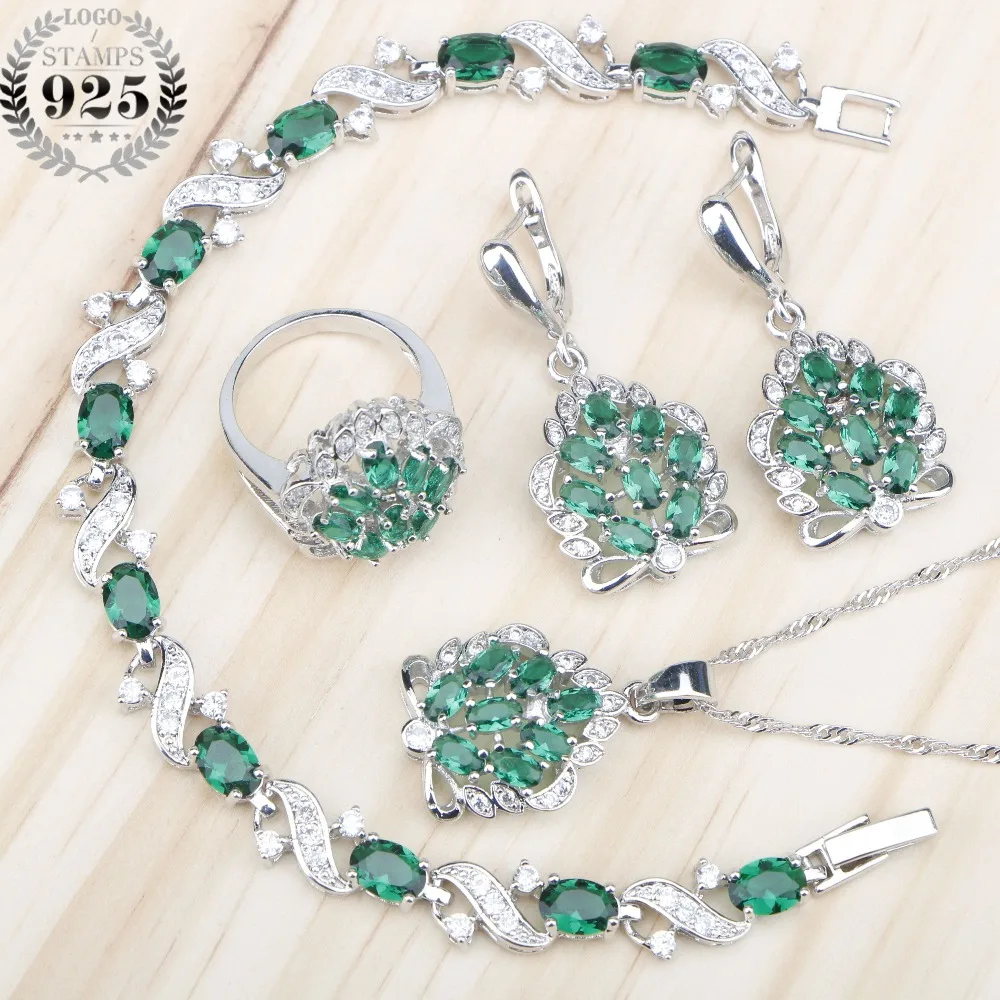 Женский набор украшений из серебра 925 пробы с зеленым цирконием серьги камнями