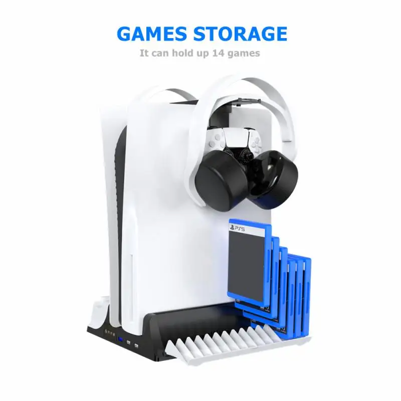

For PS5 5 in 1 Cooling Base DE/UHD Host Multi-function Charging Cooling Fan Game Disc Storage Tray, Remote, Handle Base Charger