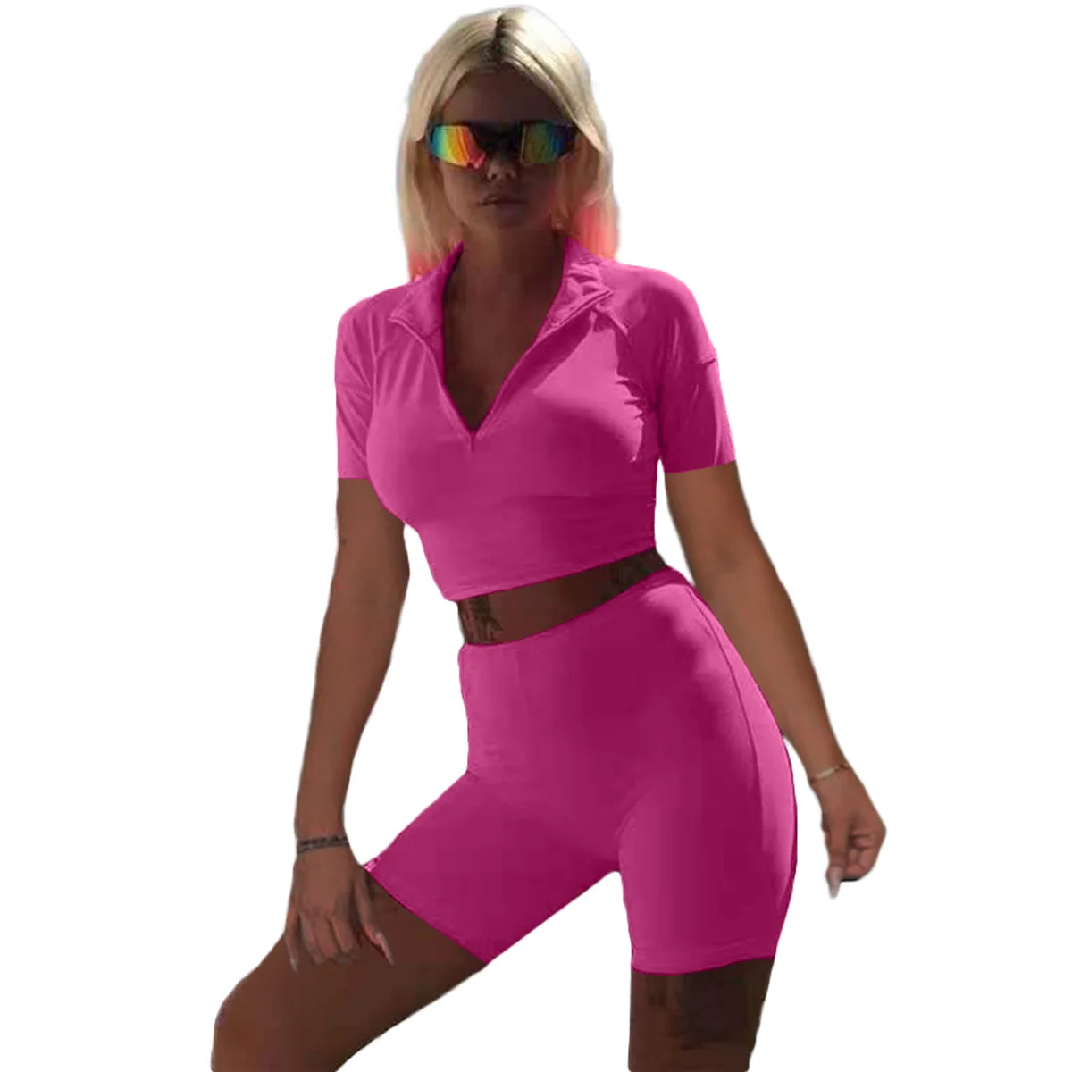 

Sports Shorts Set Two-Piece Women's Short-Sleeved Top T-Shirt Fashion Solid Color Casual Urban Straight Leisure Summer 2021
