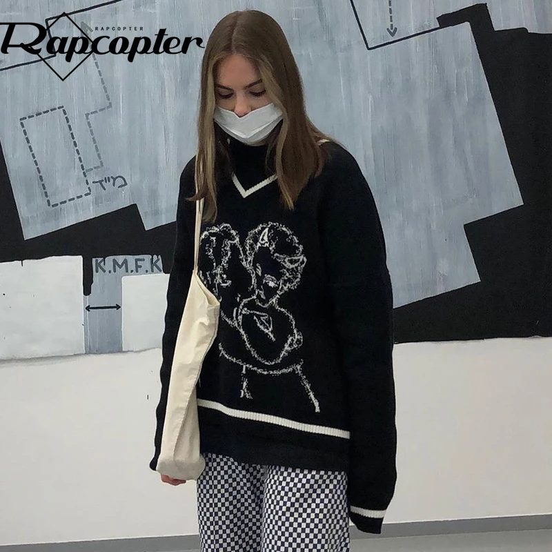 Rapcopter Angel Sweaters Loose Grunge Knitwear V Neck Long Sleeve Knitted Jumpers Cute Casual Pullovers Women Autumn Winter Tops |