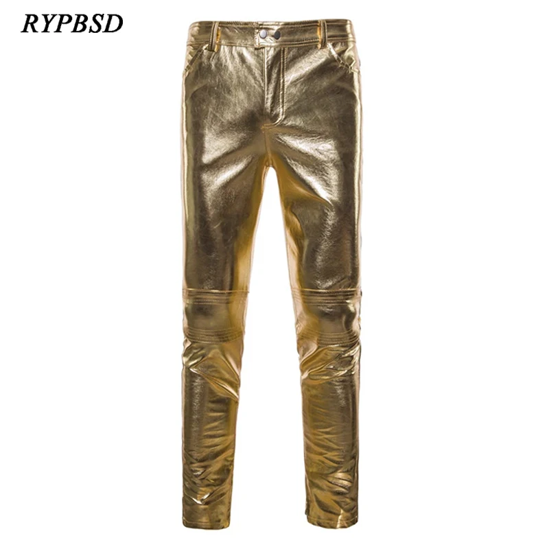 

Fashion Skinny Leather Pants Men Brand Slim Fit Shiny Gold Silver Streetwear Stage Pants for Singers Zipper PU Leather Trousers