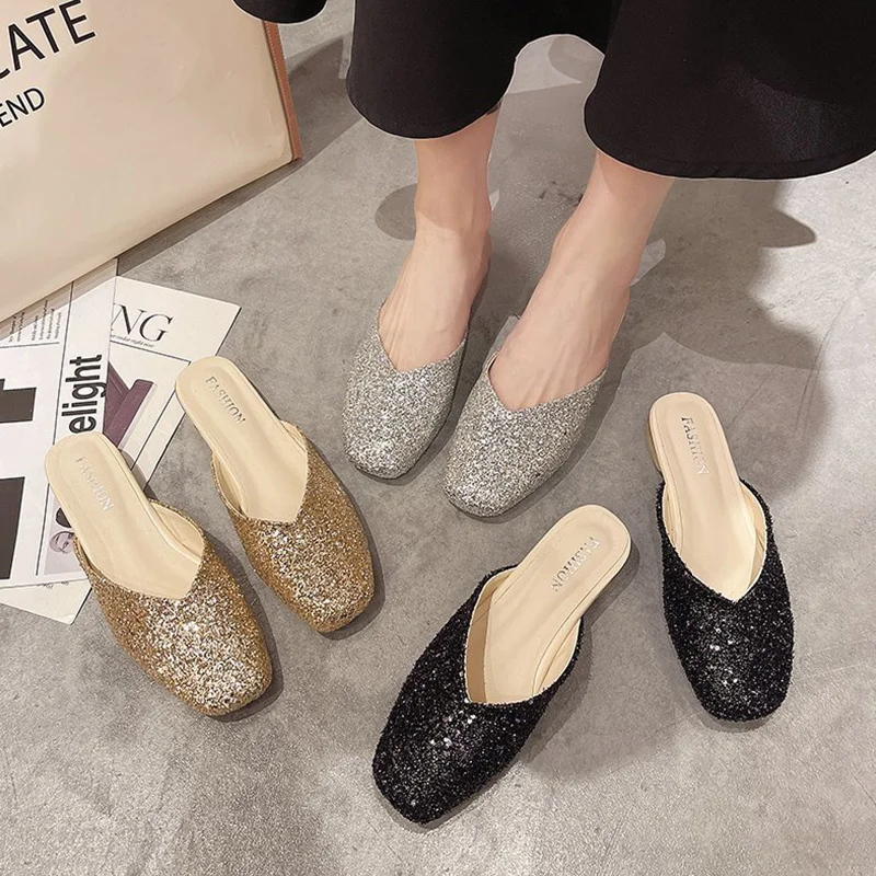 

String Bead Slippers Casual Cover Toe Shoes Slides Slipers Women Low Luxury Soft 2021 Flat Fashion PU Bling Rubber Basic
