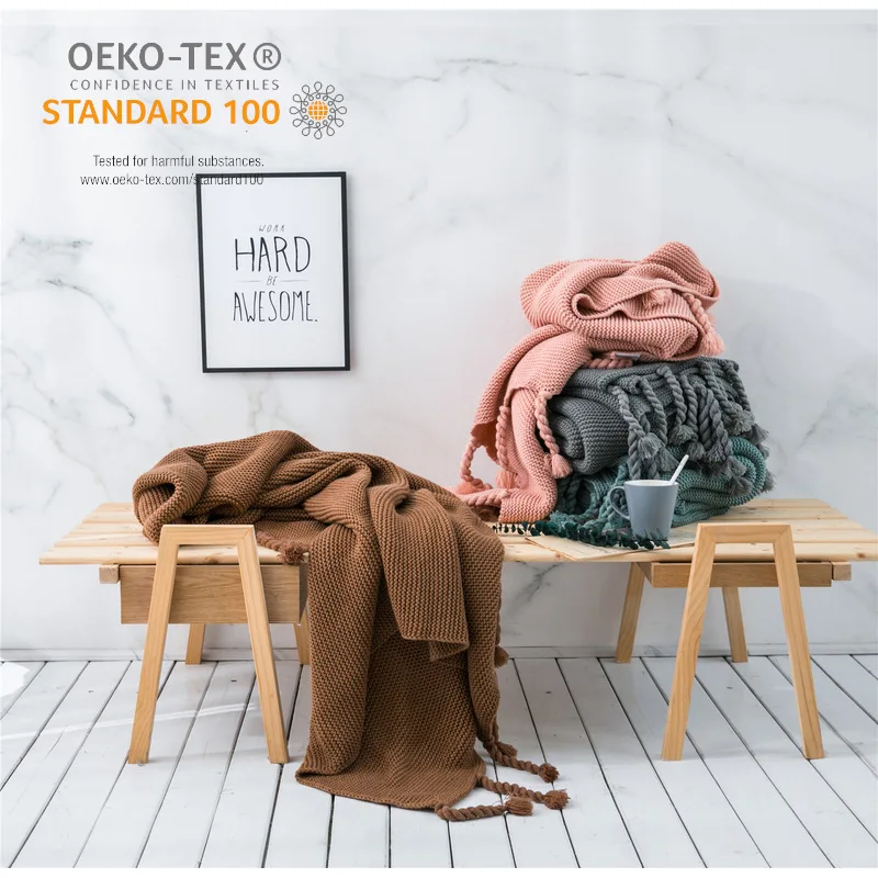 

Nordic Knitted Blanket Soild Color Sofa Throw Blanket With Tassels Travel TV Nap Blankets Air Condition Blankets Bed Decorative