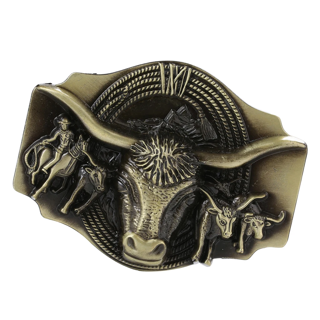 Retro Western Cowboy Belt Buckle Embossed Long Horn Bull Rodeo Bronze |
