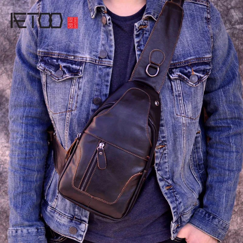 Мужская сумка мессенджер AETOO из натуральной кожи на ремне нагрудная через плечо