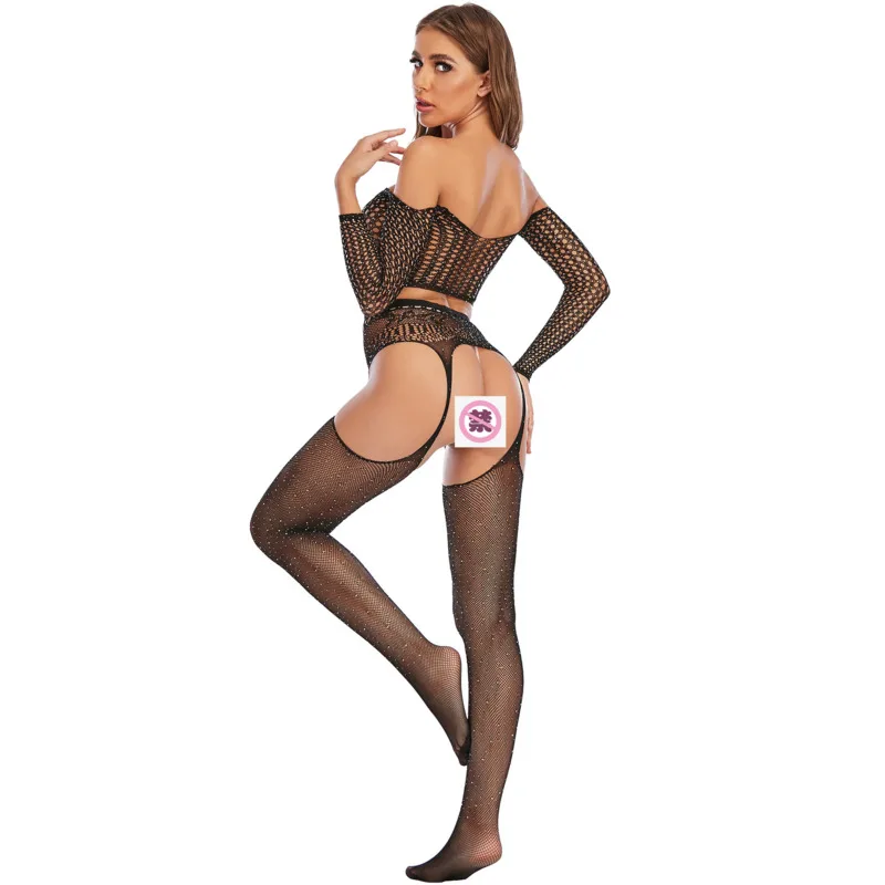 

Women's Hot Drill Long Sleeve Split Top Open Pantyhose Shiny Fun Underwear Mesh Suit Jumpsuit Women Stockings