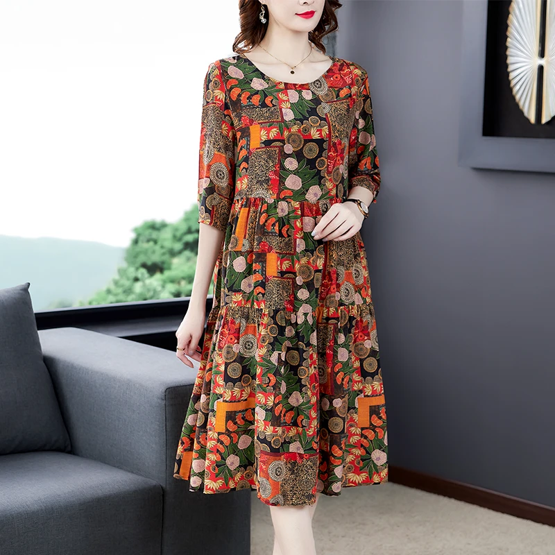 Женское шелковое платье ретро с коротким рукавом повседневное Свободное длинное