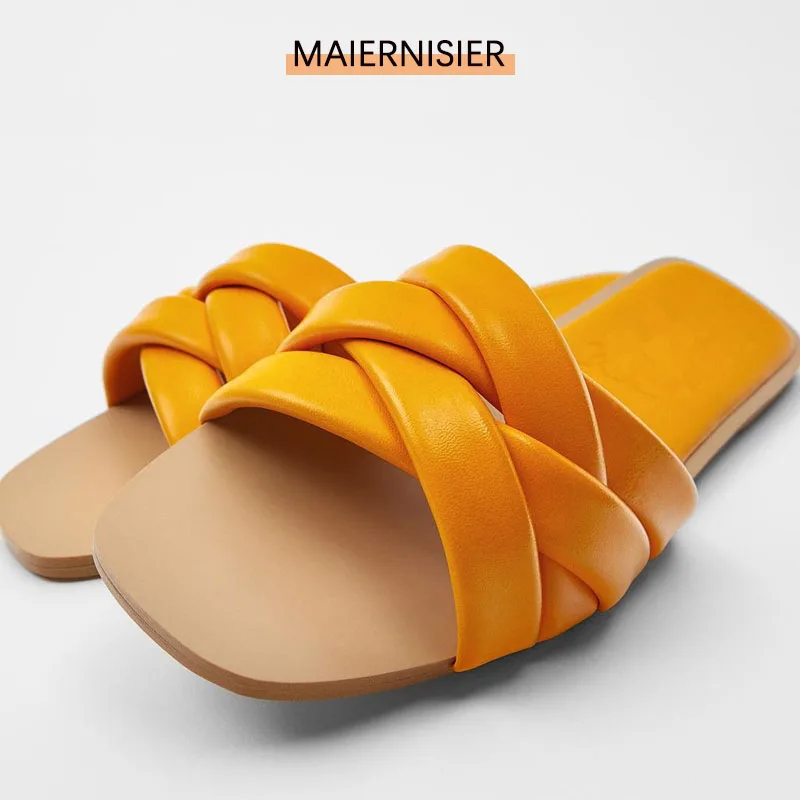 

Сандалии женские из овечьей кожи, оранжевые, с квадратным носком, на плоской подошве, лето 2021