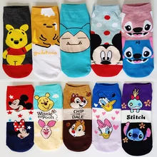 Calcetines cortos con estampado de dibujos animados de Disney para mujer, de algodón, Kawaii, Princesa, Mickey Mouse, Minnie, 10 par/paquete