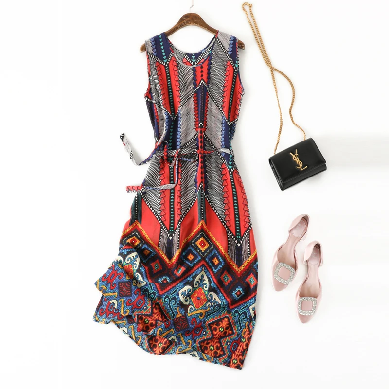 Платье SuyaDream женское шелковое средней длины платье в стиле бохо без рукавов с