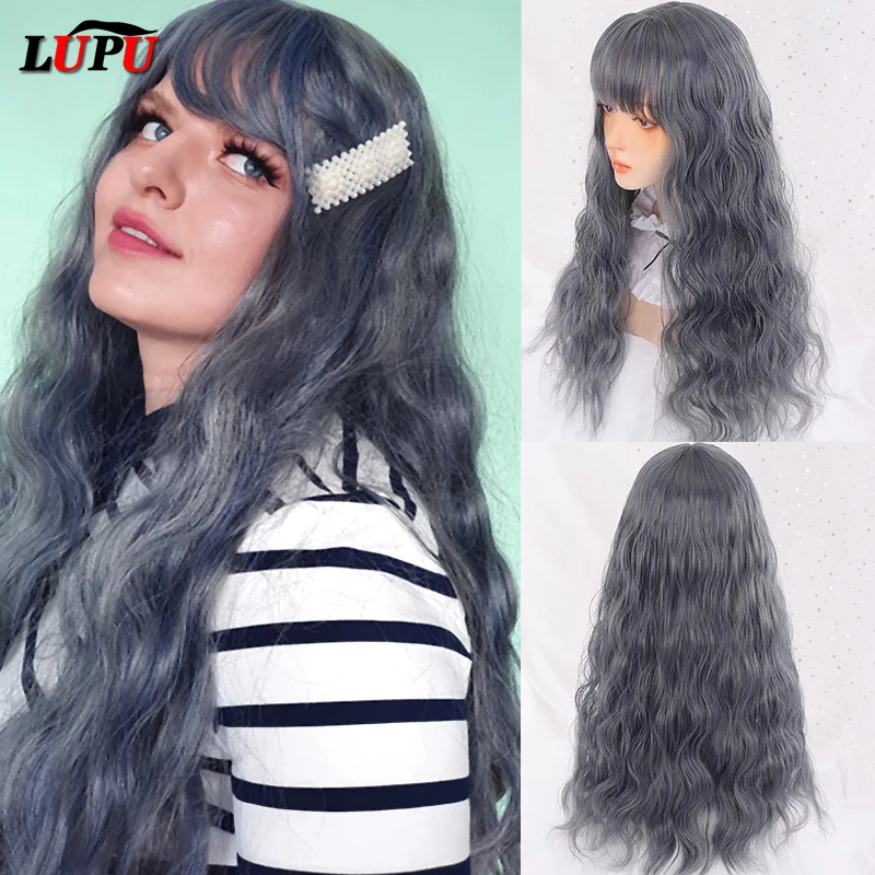 

LUPU Long Wave Lolita Wigs With Bangs Blue And Gray Synthetic Cosplay Party Daily Wig For Women Halloween High Temperture Fiber