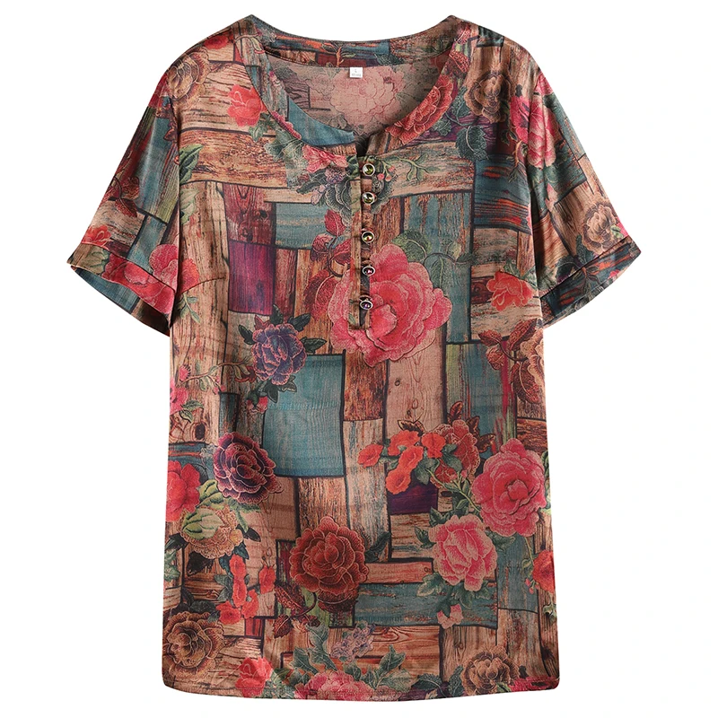 Летняя шелковая футболка женская модная Цветочная большого размера одежда 2020