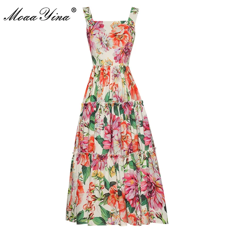 

MoaaYina дизайнерское летнее новое модное платье на бретельках женское элегантное платье миди без рукавов с цветочным принтом для отпуска