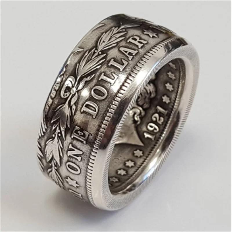 

Vintage Punk American National Emblem Motto Is One Dollar Coin Ring Thai SilveryPlated Finger Ring Women Punk Jewelry wholesale