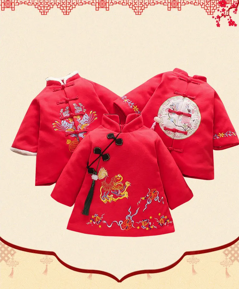 

Baby Girls Chinese New Year Greetings Clothing Childrenwear Winter Warm Thick Outwear Chinese Style Costume Tang Suit Baby Girl