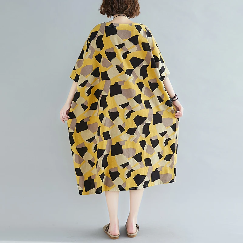 Клетчатое хлопковое желтое платье большого размера плюс 2020 летние женские