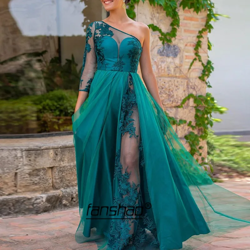 

Emerald Green Slit Evening Dresses Applique Illusion One Sleeve Illusion Special Occasion Islamic Dubai Saudi Arabic Prom Dress