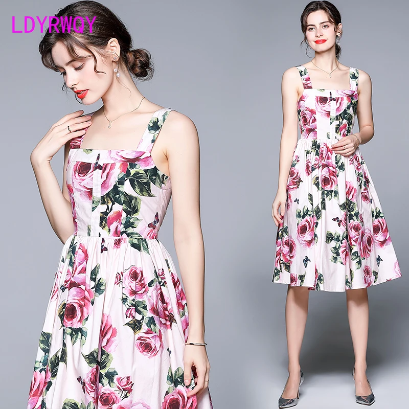 

LDYRWQY 2021 Summer New French Fashion Temperament Sexy Sling Square Neck Printed Slim Beach Dress Polyester
