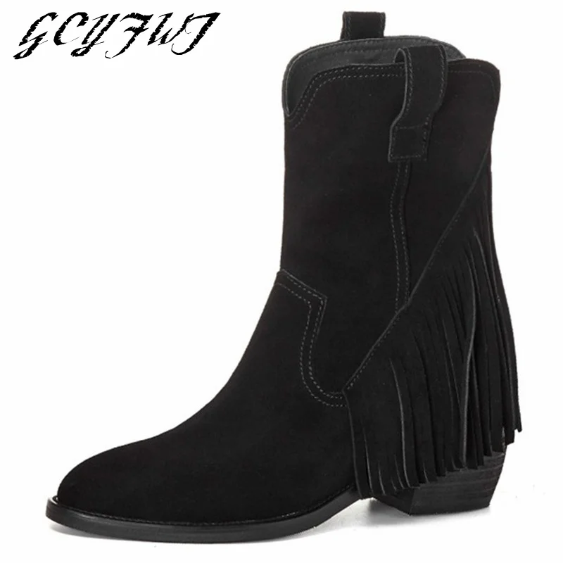 

Классические женские сапоги до середины икры с бахромой, женская обувь с круглым носком и низким каблуком, женская обувь на платформе с плюш...