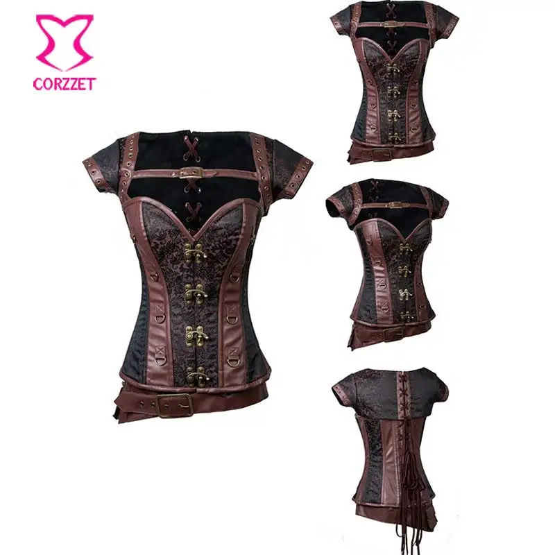 Vintage Black/Brown Steel Boned Waist Trainer Corset Steampunk Armor Bustier Jacket Belt Burlesque Plus Size Gothic Clothing | Женская