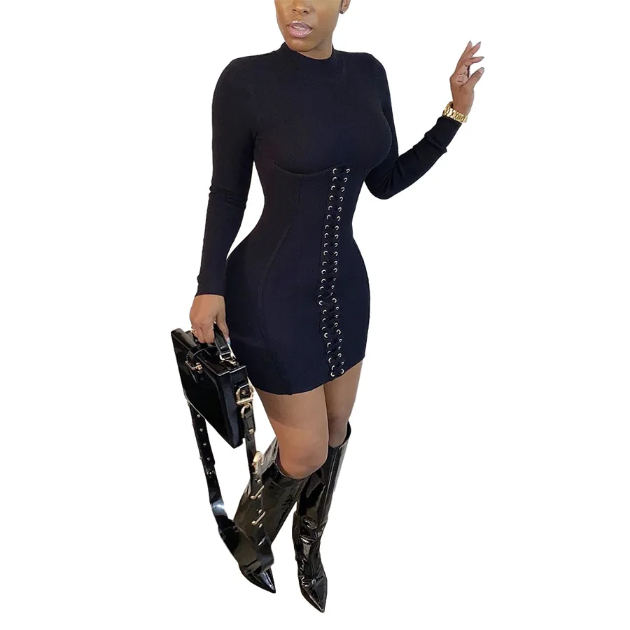 Классическое осенне зимнее женское винтажное облегающее мини платье на шнуровке