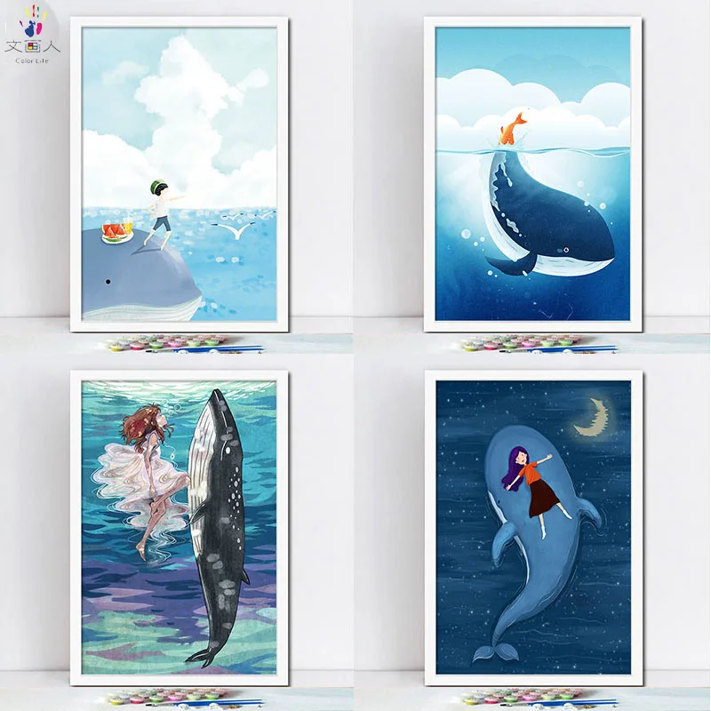 Рисуй по номеру Wall art живописи номерам украшения дельфин и маленькая девочка