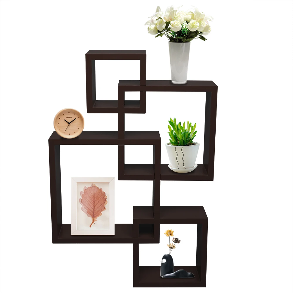 

Set of 4 Intersecting Decorative Color Square Floating Wall Mounted Shelf Brown