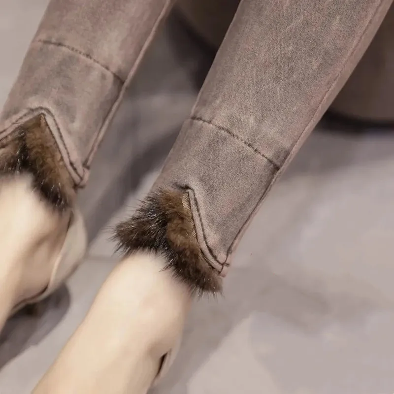 

Женские винтажные джинсы с высокой талией, черные/белые теплые джинсы-карандаш с бархатной подкладкой, повседневные Леггинсы большого разм...